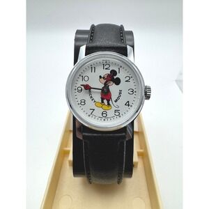 Vintage Mickey Mouse Wrist Watch Bradley Time Division‎ Black Leather Strap